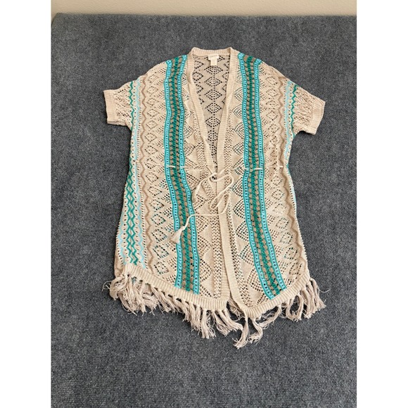 Chico's Sweaters - Chicos Linen Open Knit Cardigan Tan Teal Fringe Short Sleeve Size 0 Petite